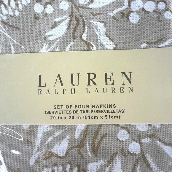 New Ralph Lauren Bowen Natural Cloth Napkin Beige White Set Of 4 Holly Pinecone - Picture 2 of 5
